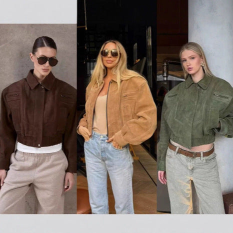 Dam 10+ Kort Skärning Velour Blouson Jacka med Elastic Nederkant, Lock Fickor, och Dragkedja Details