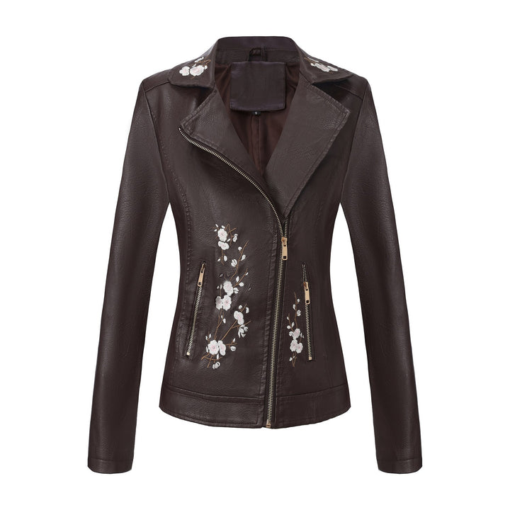 Dam embroidered figursydd konstläder bikerjacka med asymmetrisk dragkedja