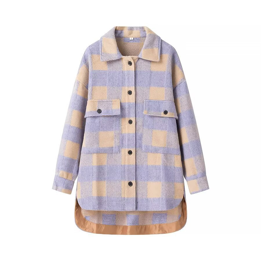 Dam oversize skjortjacka in rutig med stor Flap fickor och Curved fåll