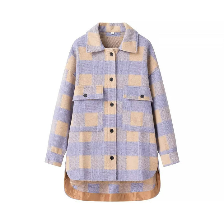 Dam oversize skjortjacka in rutig med stor Flap fickor och Curved fåll