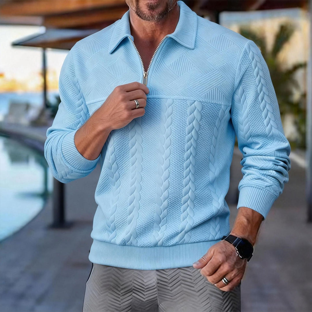 Herr Strukturerad Halv Dragkedja Pullover med Turtleneck, Cable Mönster och Finely Ribbstickade Muddar