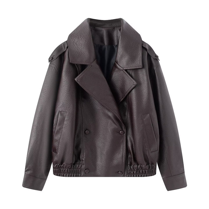 Dam oversize konstläder jacka med stor Lapels, Double-Breasted Snap Placket och Elastic fåll