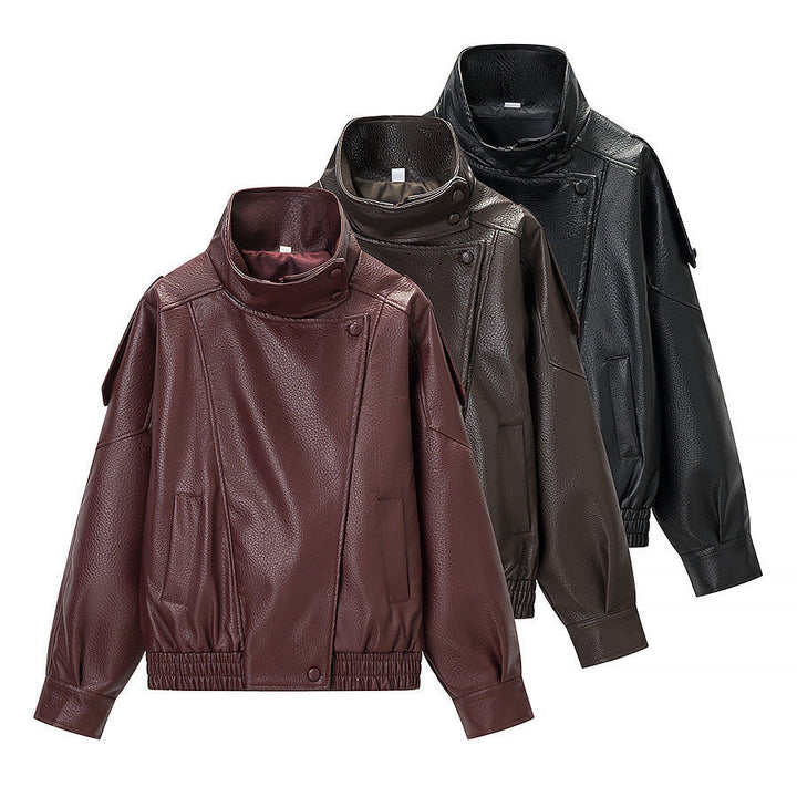 Dam oversize konstläder jacka med hög ståkrage, Asymmetrical knappslå och Elastic fåll
