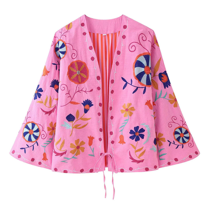 Dam lätt embroidered bomull kimono jacka i Boho stil med tie bälte