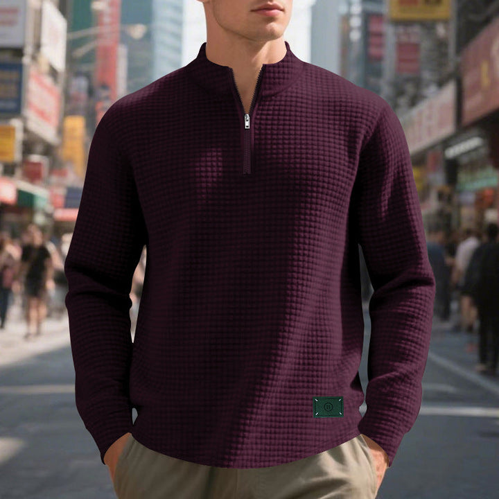 Herr Nano Lätt Waffle Stickad Pullover med Kort Krage Dragkedja och Rounded Fåll