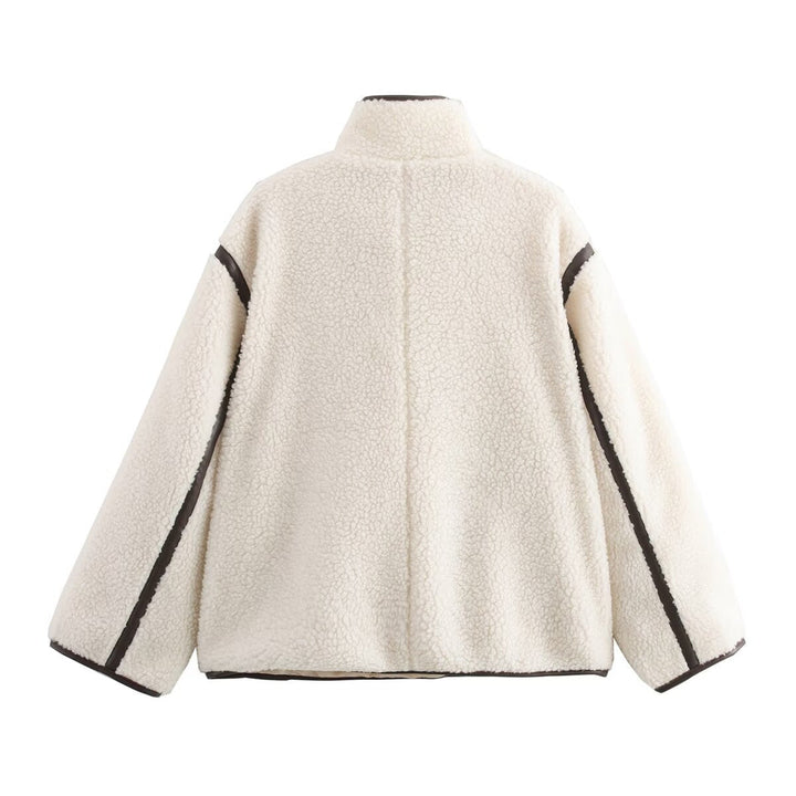 Dam 100+ Teddy Jacka i Oversize Look med Stå Krage och Contrast Piping