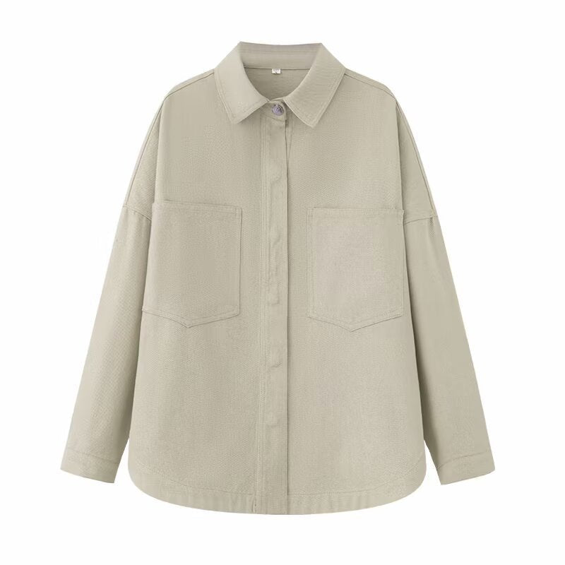 Dam Oversized Jeans Skjorta Jacka i Boxig Skärning med Lapp Bröst Fickor och Rounded Fåll