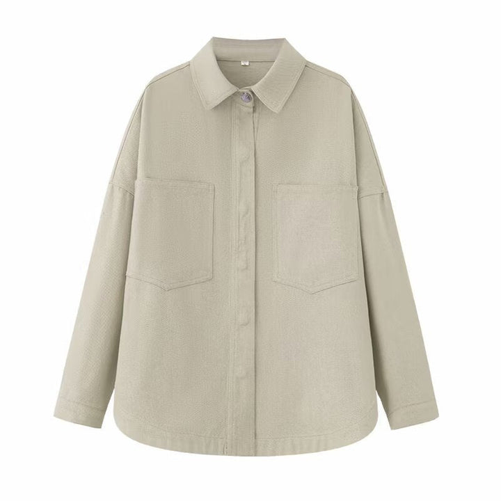 Dam Oversized Jeans Skjorta Jacka i Boxig Skärning med Lapp Bröst Fickor och Rounded Fåll