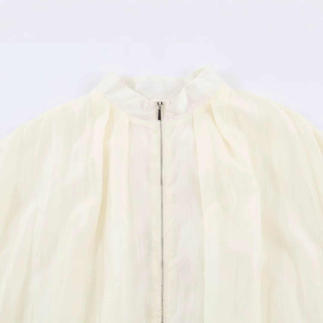 Dam Lätt Semi-Transparent Blouson Jacka med Balloon Ärmar och Metal Dragkedja