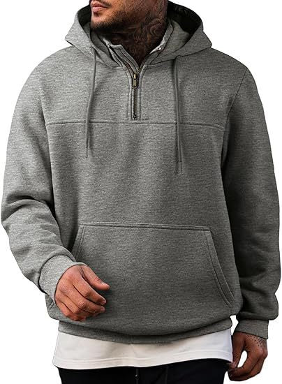 Herr med Huva Pullover med Halv Dragkedja, Känguruficka och Ribbstickade Muddar