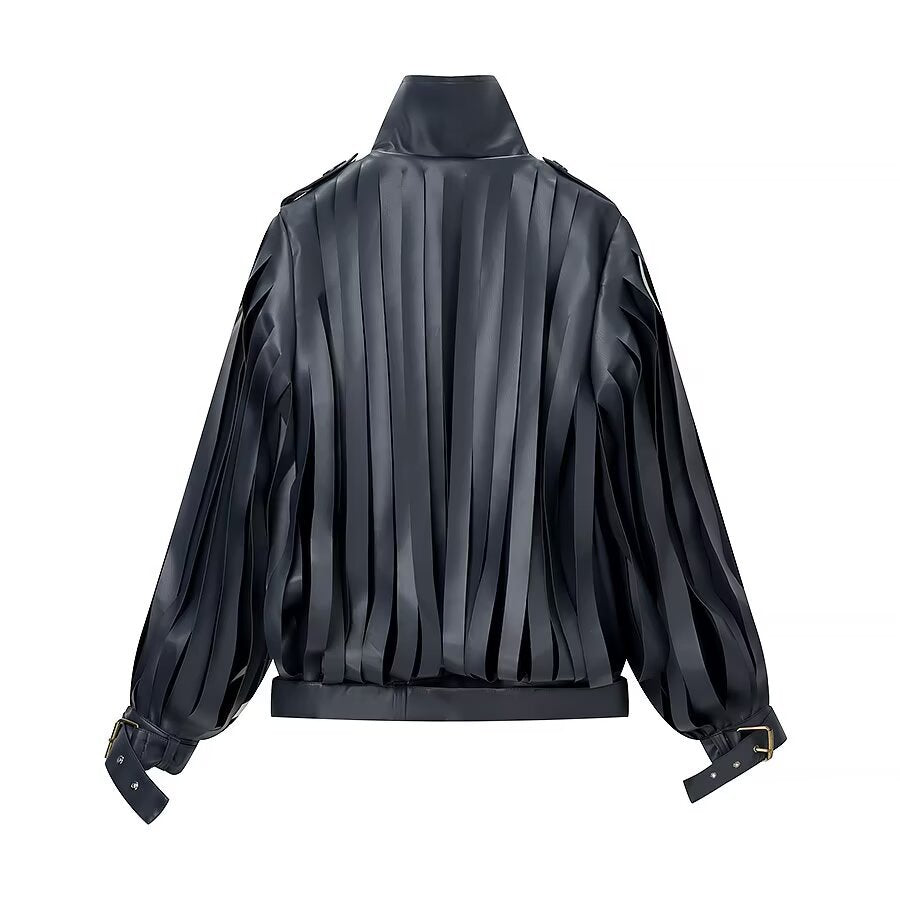 Dam konstläder Fringe Blouson med ståkrage och midjebälte