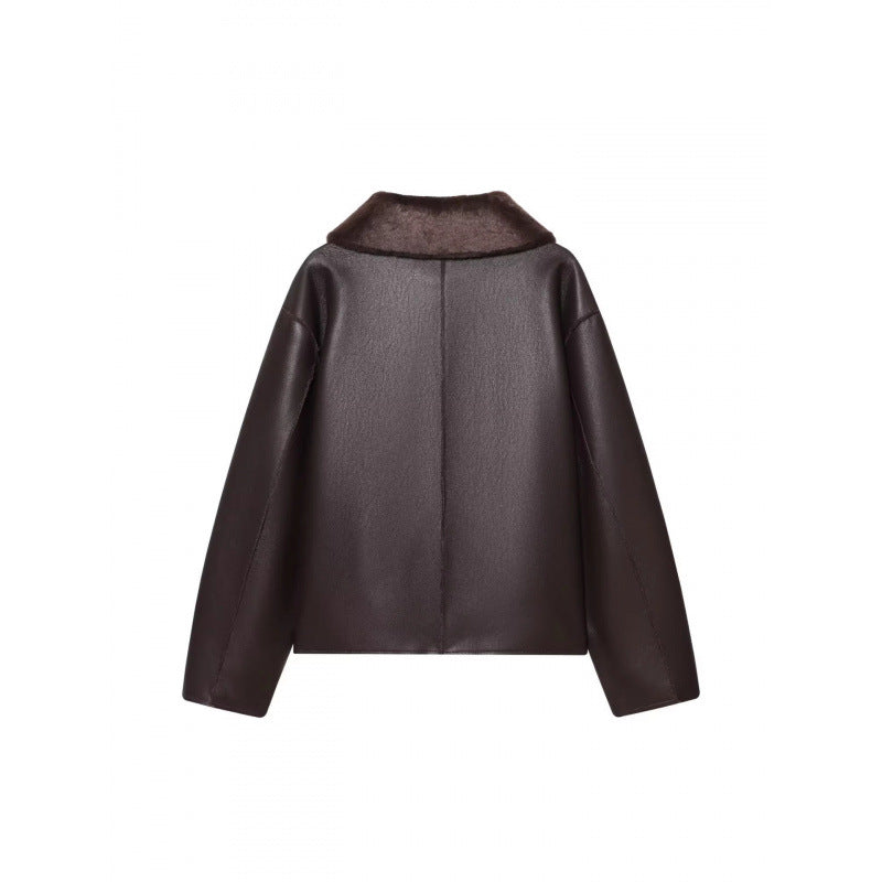 Dam Kort Reversible Sheepskin Jacka med Full Lapel Krage och Varm Teddy Foder