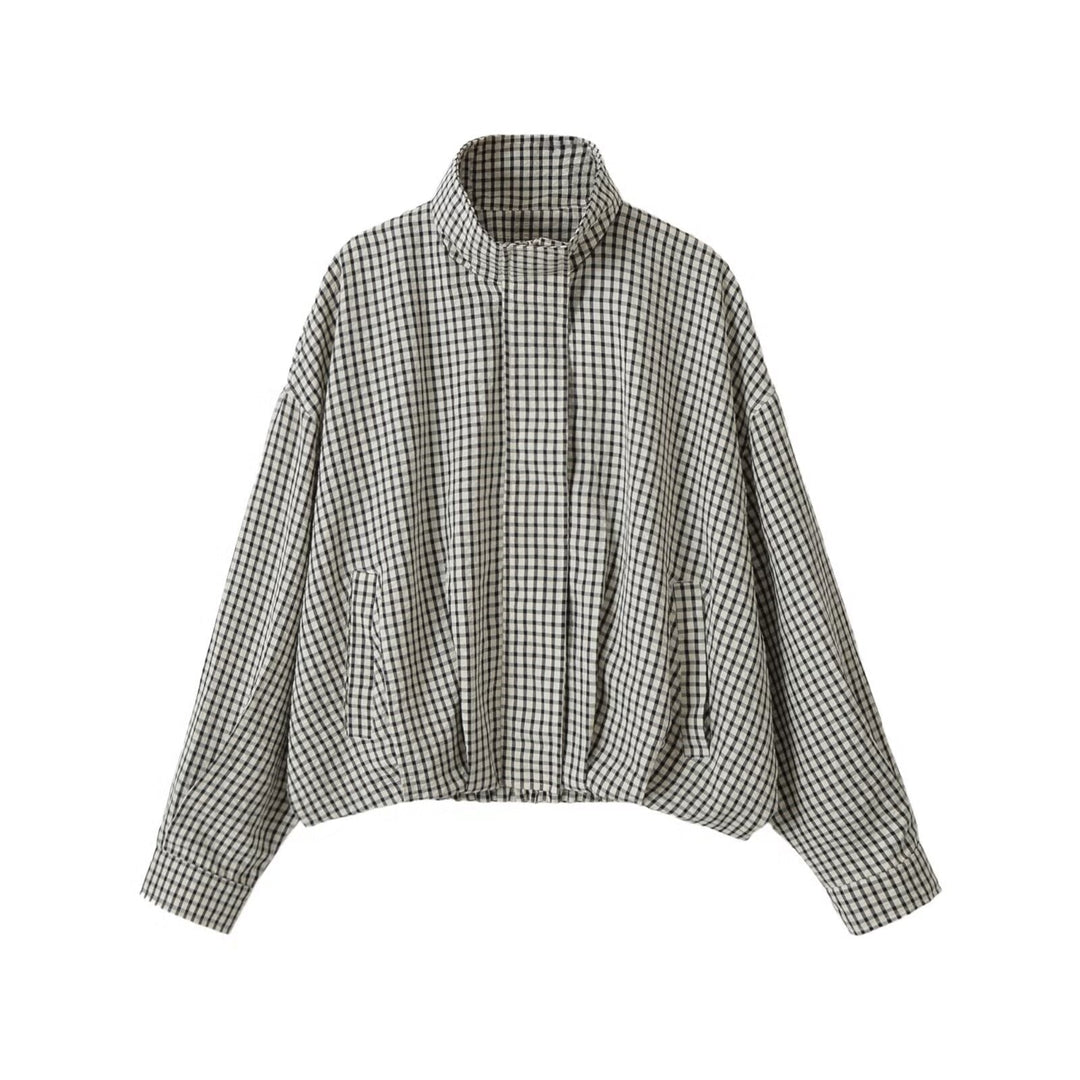 Dam oversize kort jacka med ståkrage och Vichy rutig