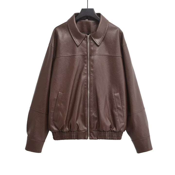Dam oversize konstläder jacka med skjortkrage, hel Zip och Elastic fåll