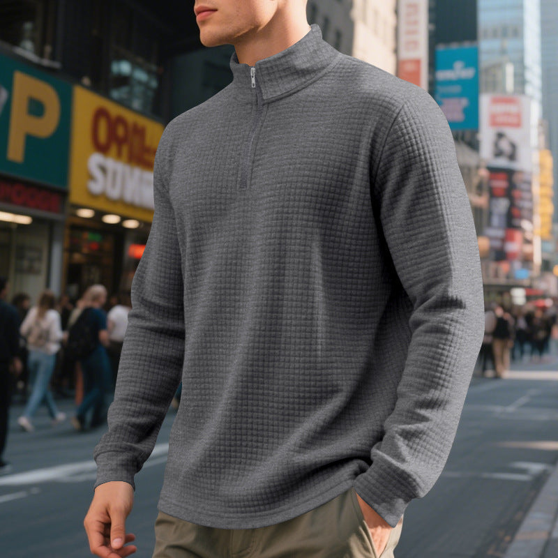 Herr Urban Halv Dragkedja Pullover med Fin Square Texture och Hög Ståkrage