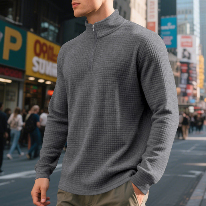 Herr Urban Halv Dragkedja Pullover med Fin Square Texture och Hög Ståkrage