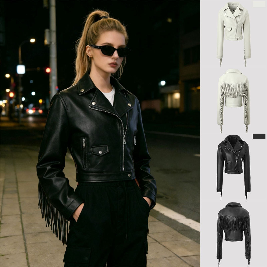 Dam kort skärning figurnära bikerjacka gjord artificial läder med fringes on den ärmar och asymmetric dragkedja