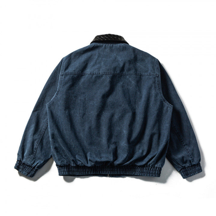 Herr boxig Denim Blouson Jacka med quiltad Läder Krage och elastiska muddar