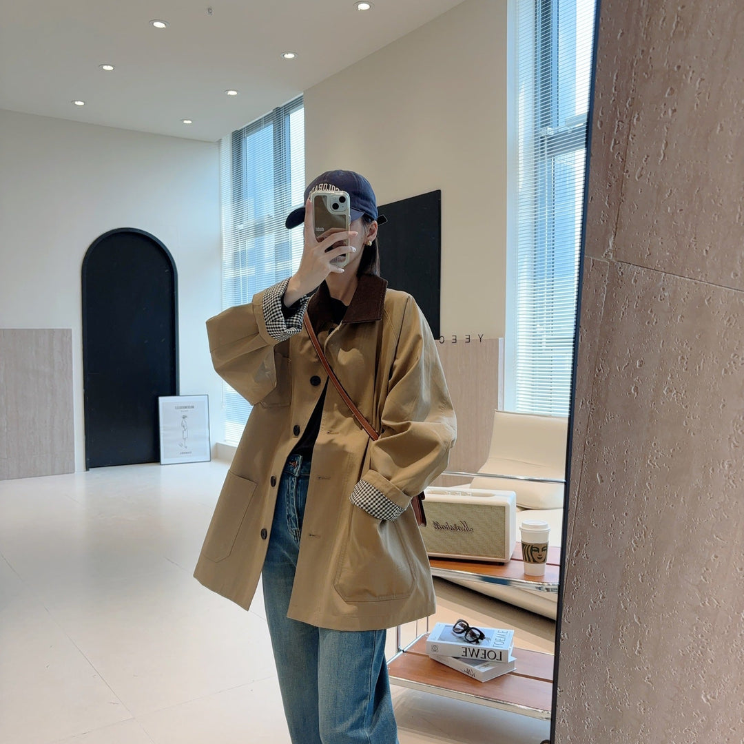 Dam modern oversize jacka med kontrasterande krage