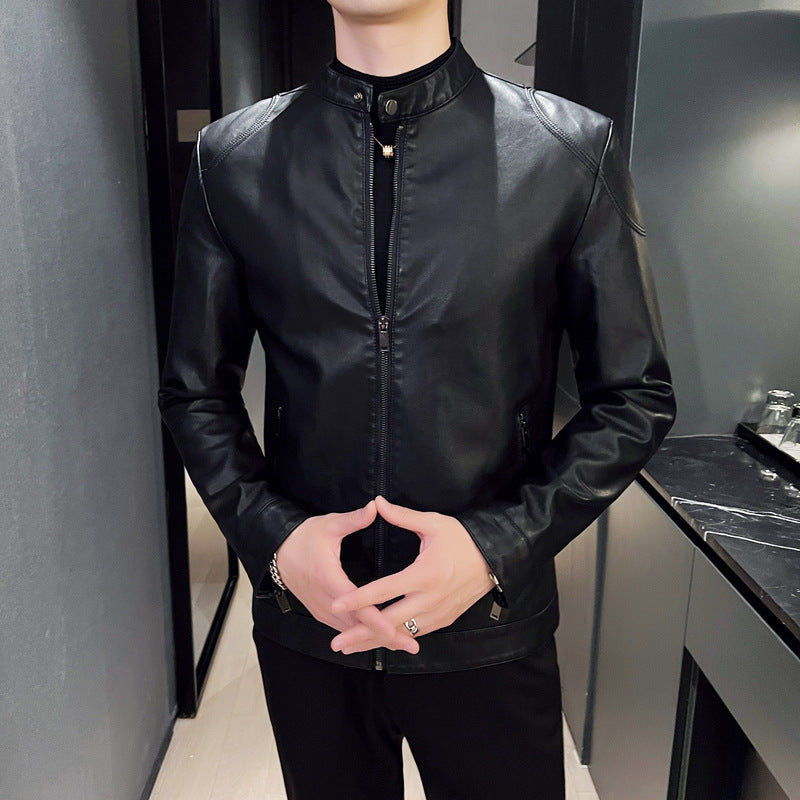 Herr Smal Konstläder Blouson Motorcycle-Inspired Design med Short Stående Krage och Dold Dragkedja