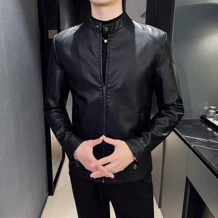 Herr Smal Konstläder Blouson Motorcycle-Inspired Design med Short Stående Krage och Dold Dragkedja