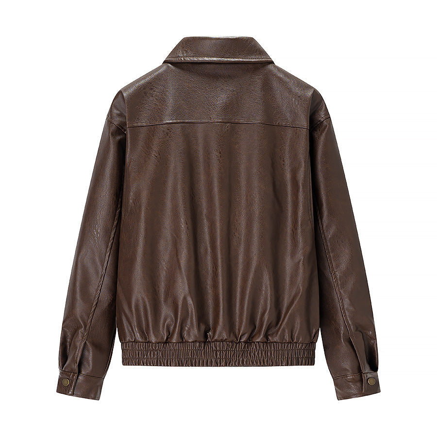Dam oversize konstläder Blouson med skjortkrage, Flap fickor och dold dragkedja Placket
