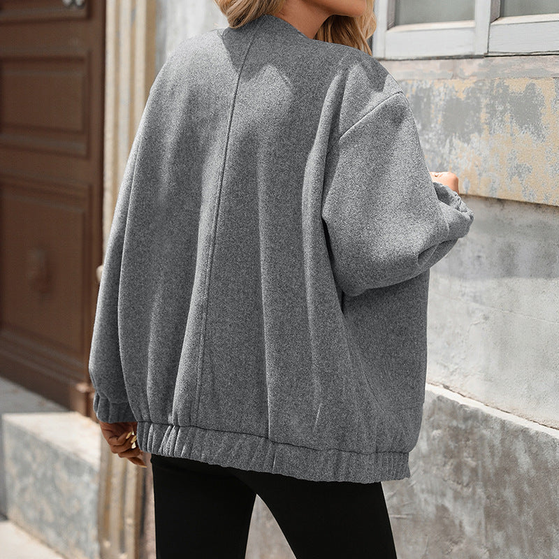 Dam Oversized Ull-Look Blouse Jacka med Tryckknapp Knapp Stängning, Elastiska Muddar &amp; Utanpåfickor