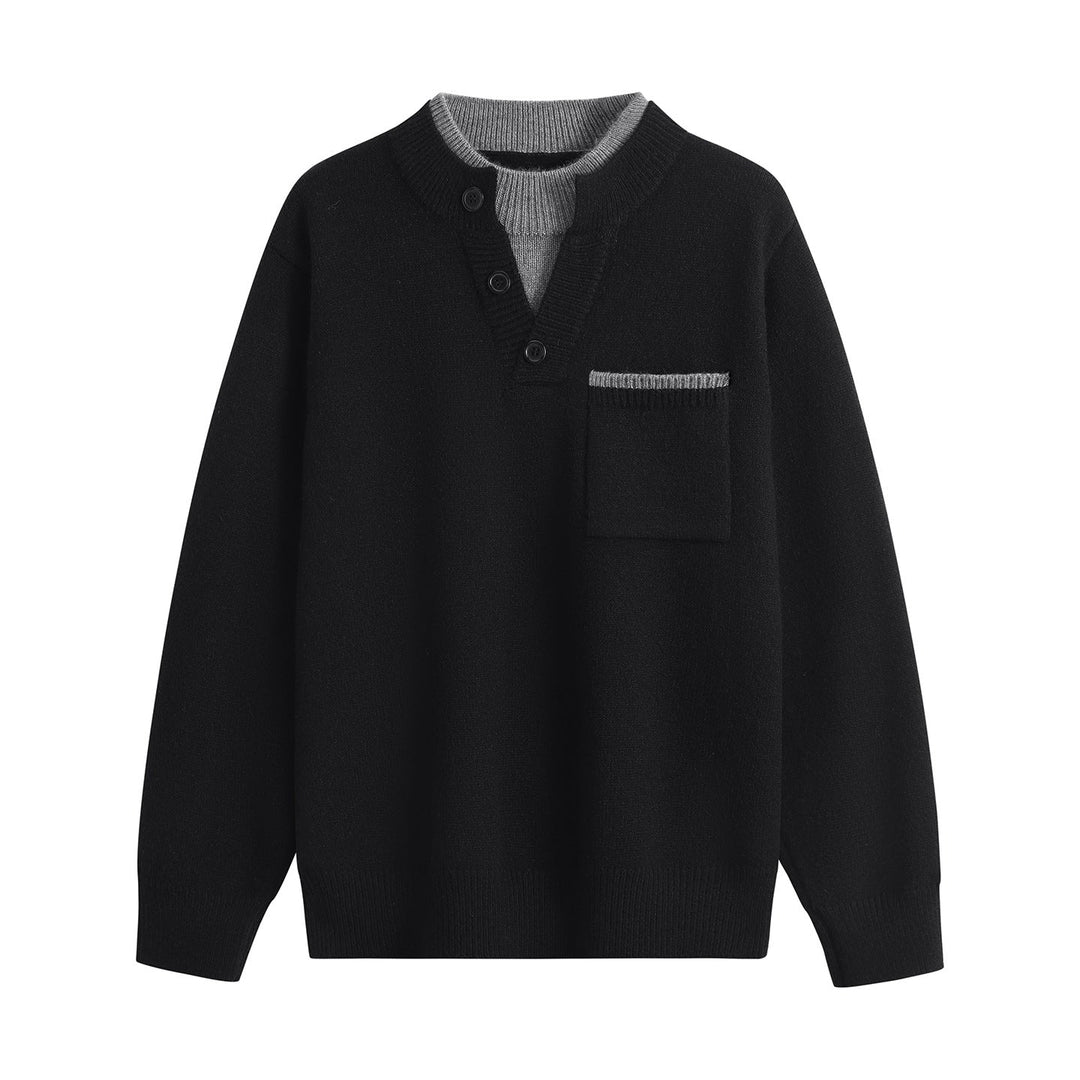 Herr Fin Stickad Henley Tröja med Knapplist, Bröstficka &amp; Contrast Krage