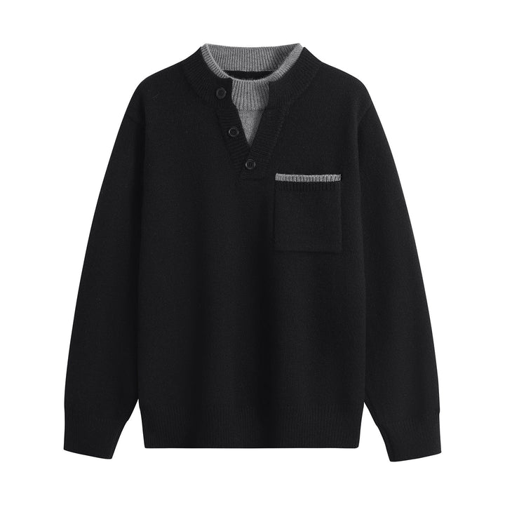 Herr Fin Stickad Henley Tröja med Knapplist, Bröstficka &amp; Contrast Krage