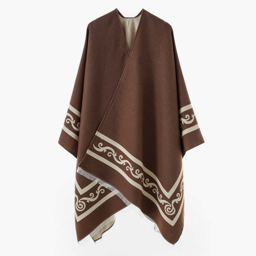 Dam Oversize Cape med Geometric Jacquard och fransfåll