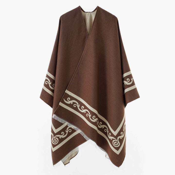 Dam Oversize Cape med Geometric Jacquard och fransfåll