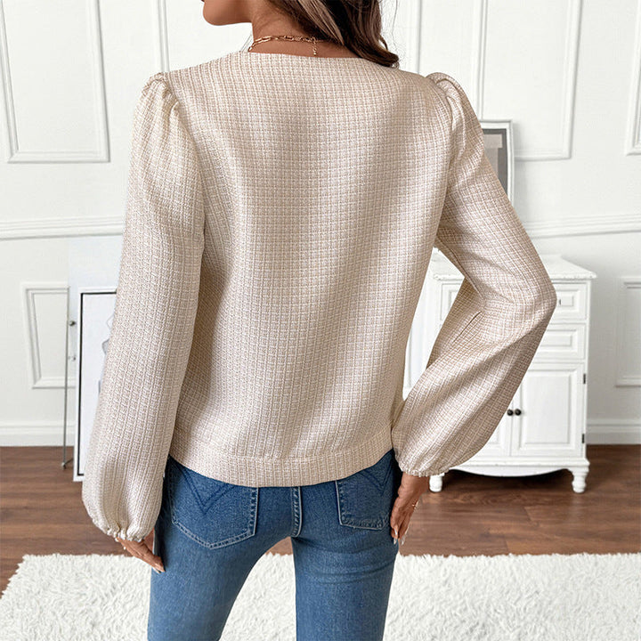 Dam Kort Jacka Gjord av Boucle Structure med Round Neck, Lockfickor &amp; Elastiska Muddar