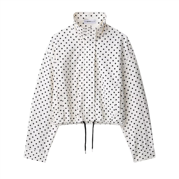 Dam Kort Övergångsjacka med Prickig Prick, Hög Funnel Krage och Drawstring