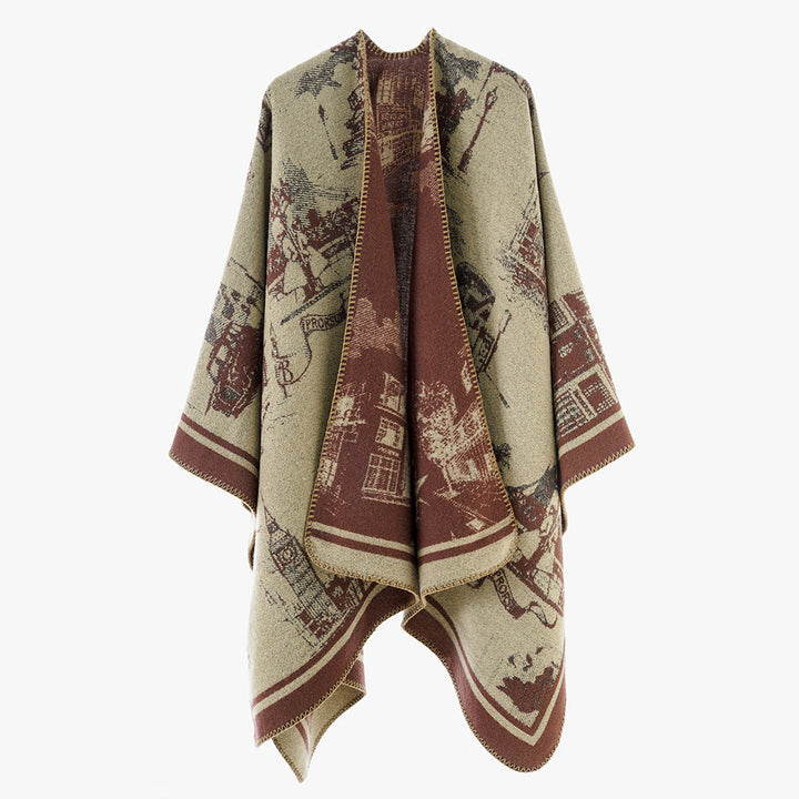 Dam Jacquard capeponcho med iconic city Jacquard och open oversized fall