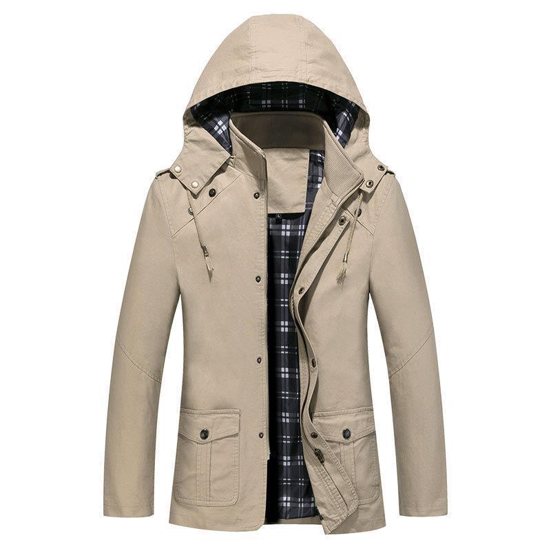 Herr Lätt med Huva Parka med Rutig Foder och Multi-Funktionell Fickor