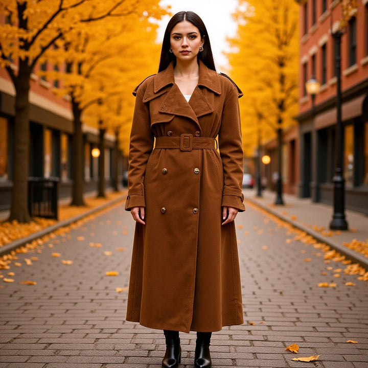 Dam elegant lång midja trenchcoat med Double-Breasted knappslå och Flared fåll