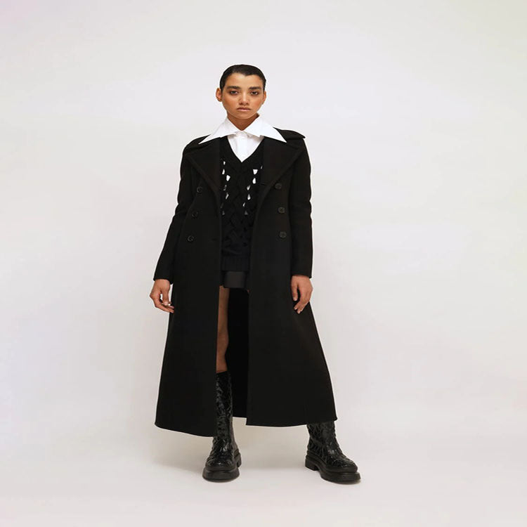 Dam elegant Floor-Length ullblandning lång kappa in Clean-skärning Double Breasted med Textured Shoulder Part