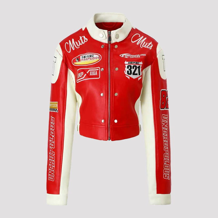 Dam Trendig Bikerjacka med Embroidered Patches