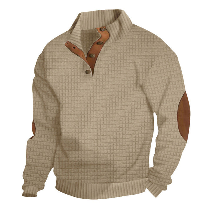 Herr Strukturerad Waffle Stickad Henley Tröja med Läder Kant &amp; Elbow Lappar