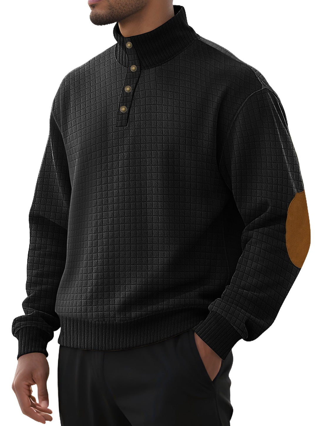 Herr Plaid Quiltad College-Tröja med Henley Slå, Hög Ståkrage, och Velour Elbow Lappar