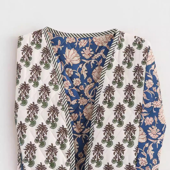 Dam quiltad patchwork kimono jacka med öppen front och påsydda fickor