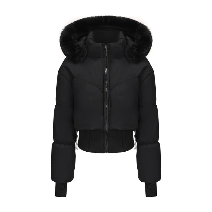 | Dam Cropped Ner Jacka med avtagbar huva och Fusk Päls Trim