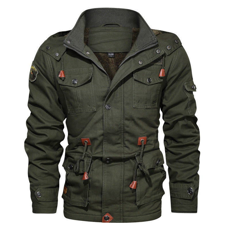 Herr Canvas Parka i Militär Utility Stil med Teddy Fleecefoder, Dragsko Midja, och Multifunctional Fickor