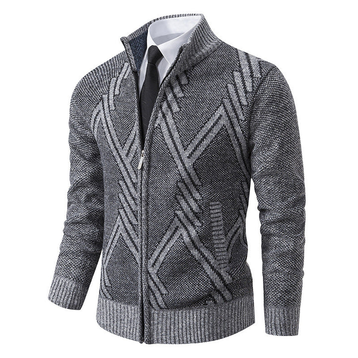 Herr Chunky Stickad Dragkedja Cardigan med Ståkrage och Geometrisk Structure Mönster