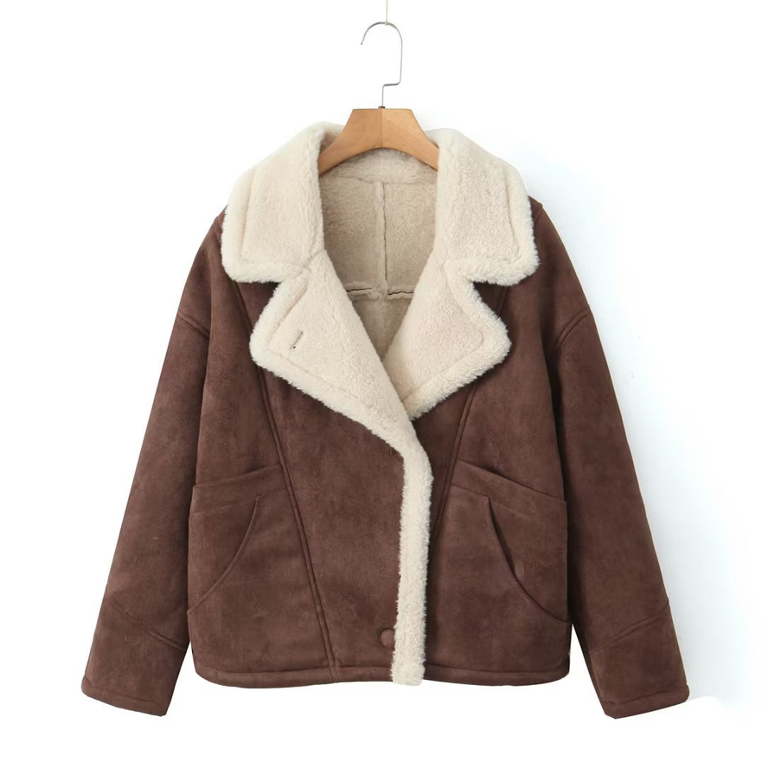 Dam Kort Aviatorjacka Tillverkad av Suede Imitation med Teddy Foder och Stora Lapels