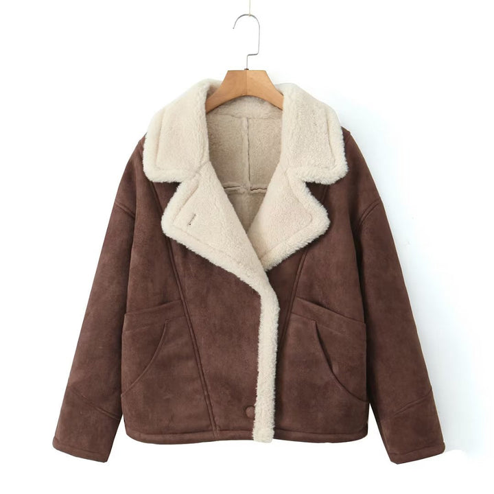 Dam Kort Aviatorjacka Tillverkad av Suede Imitation med Teddy Foder och Stora Lapels