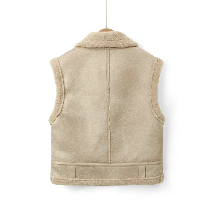 Dam ärmlös Lambskin look väst med teddyfoder och dragkedja fickor