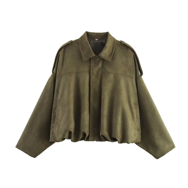 Dam Kort Oversized Blouson Jacka i Velour Look med Fåll med Dragsko och Epaulettes
