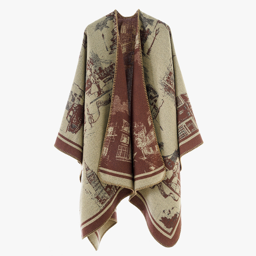 Dam Jacquard capeponcho med iconic city Jacquard och open oversized fall