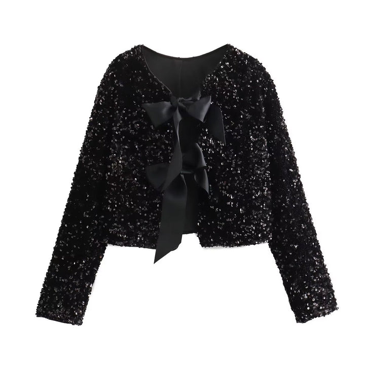 Dam sparkling cropped bolero jacka med sequin kant och decorative satin bows